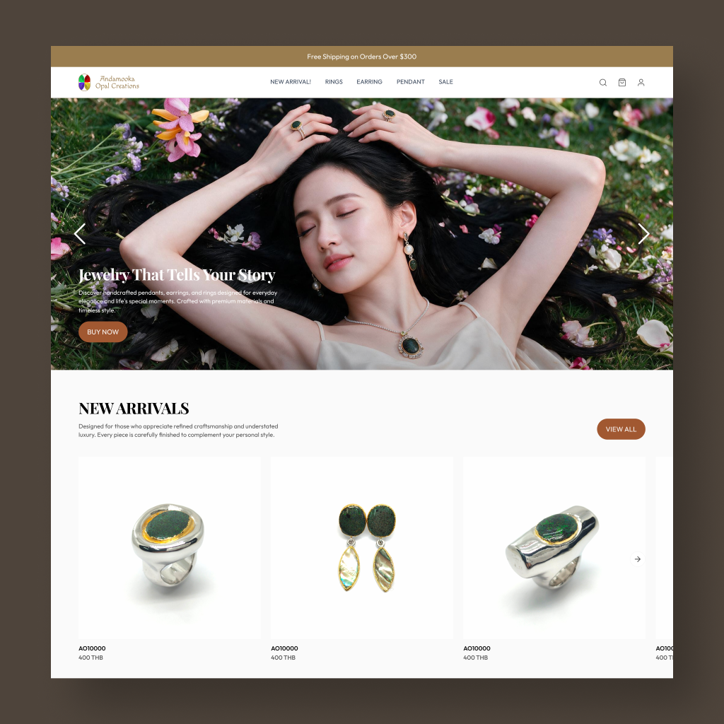 Jewelry ecommerce homepage featuring a model wearing Australian opal jewelry and a New Arrivals product showcase.