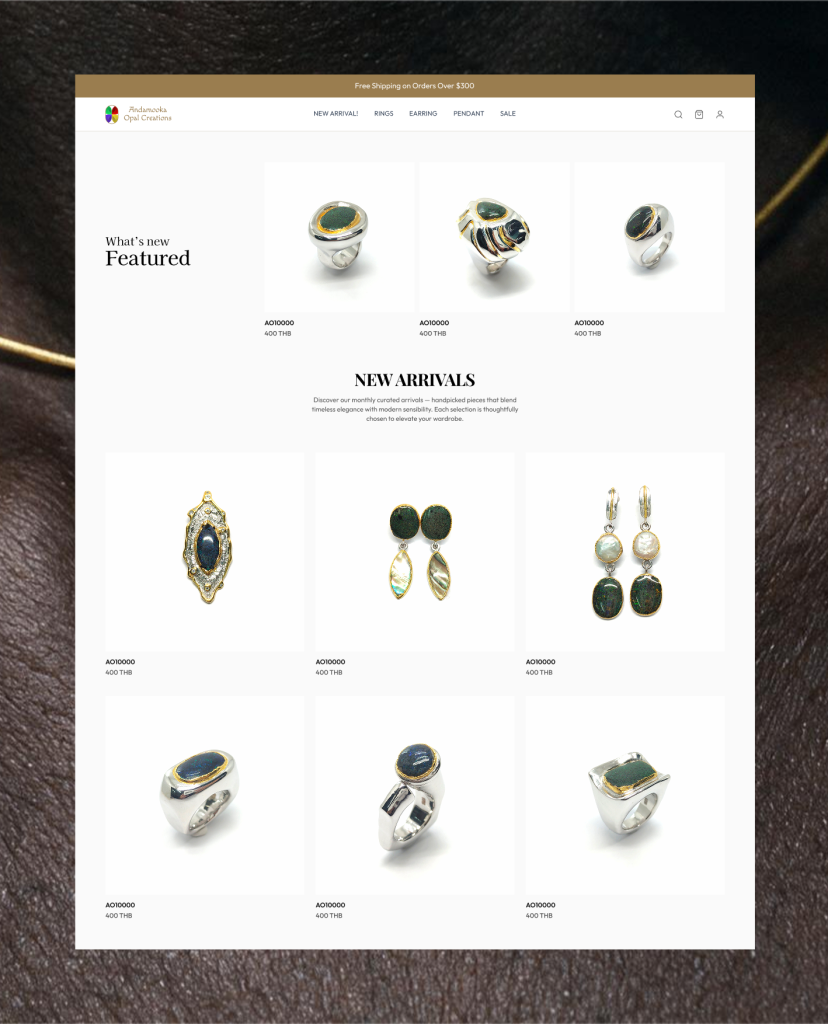 New Arrivals product page showcasing handcrafted Australian opal rings, earrings, and pendants in a clean ecommerce grid layout.
